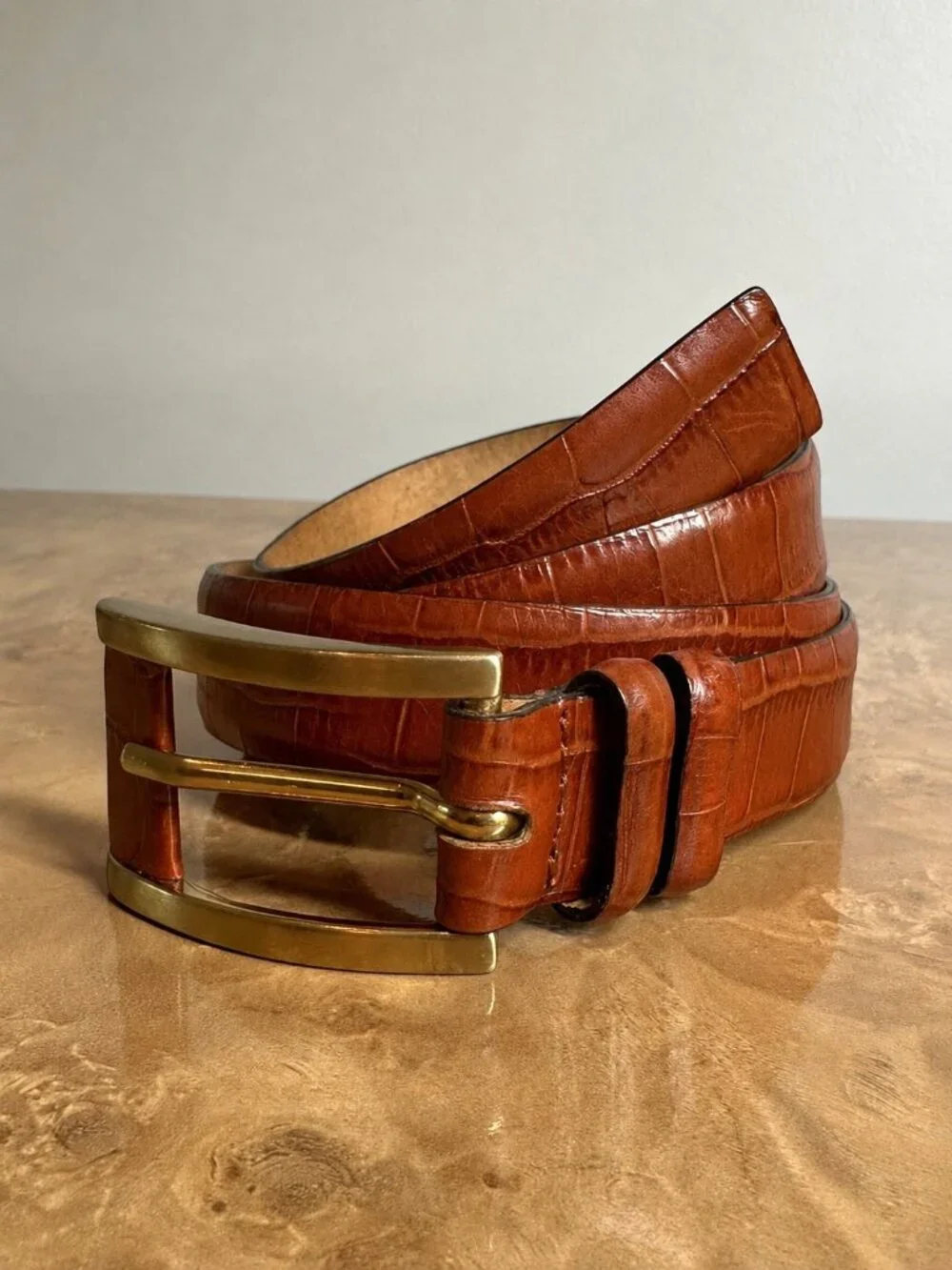 Qualheim Bollorini Brown Croc Embossed Leather Belt Made in Italy Size M